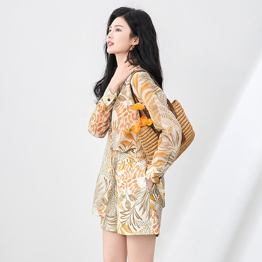 Laid-back Vacation Style Printed Shirt Casual High Waist Shorts Two-piece Set Polyester Fiber from Mainland China