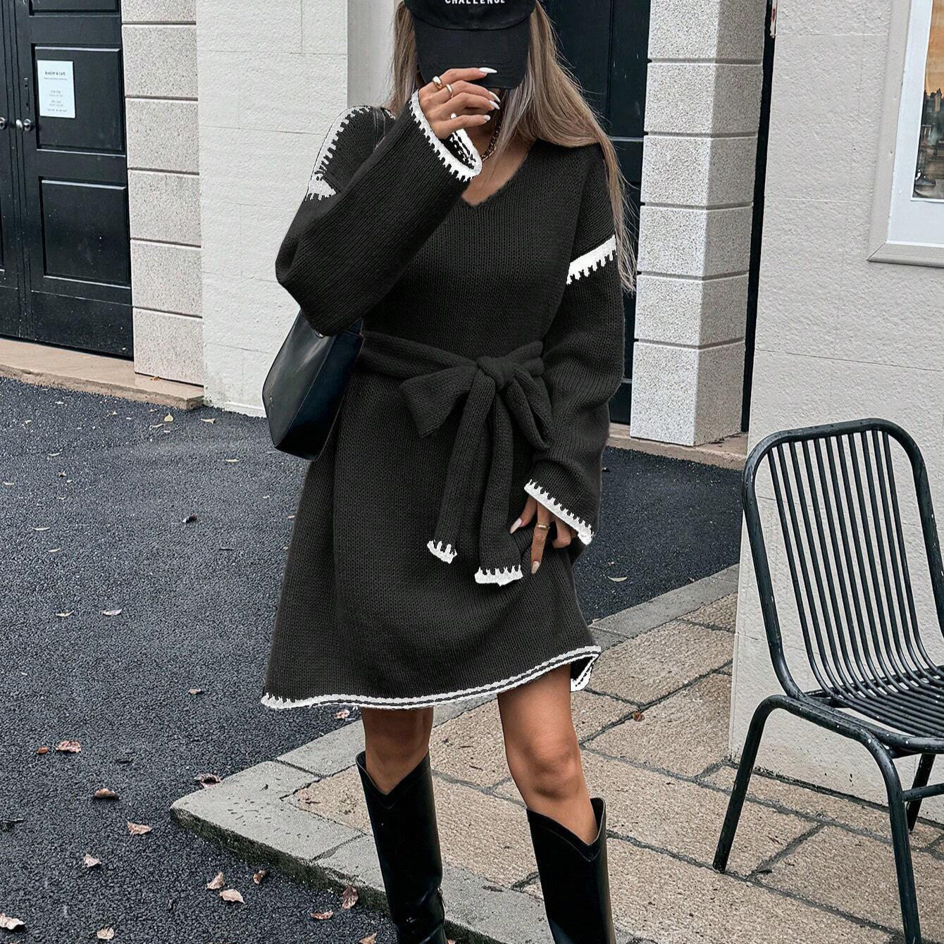 Autumn/Winter Fashion Lazy Style Fashion Strap Waist Loose Knitted V-neck Long Sleeve Autumn Mid Length Dress for Women Dresses