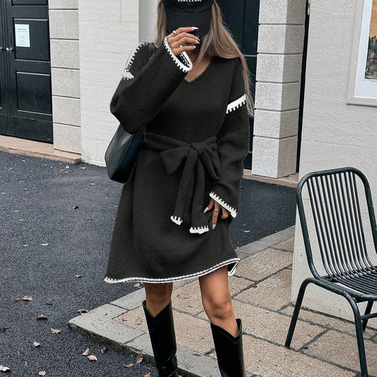 Autumn/Winter Fashion Lazy Style Fashion Strap Waist Loose Knitted V-neck Long Sleeve Autumn Mid Length Dress for Women Dresses