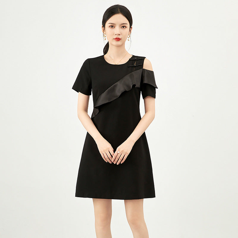 Women's Short Sleeve Dress 2025 Summer New Black Ruffles Hollow Out Mini Dresses O Neck Female Vestidos
