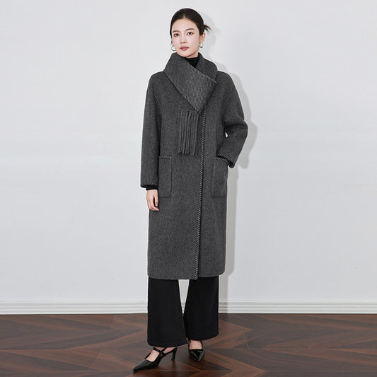 Streetwear Coat Women Double-sided Wool Overcoat Autumn Winter X-long Woolen Coats O-neck Scarf Thicken Loose Jackets