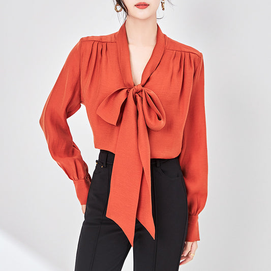 Women's Thick Temperament Streamer 2025 Spring and Summer New Mulberry Silk Lace-up Design Shirt Long-sleeved Top