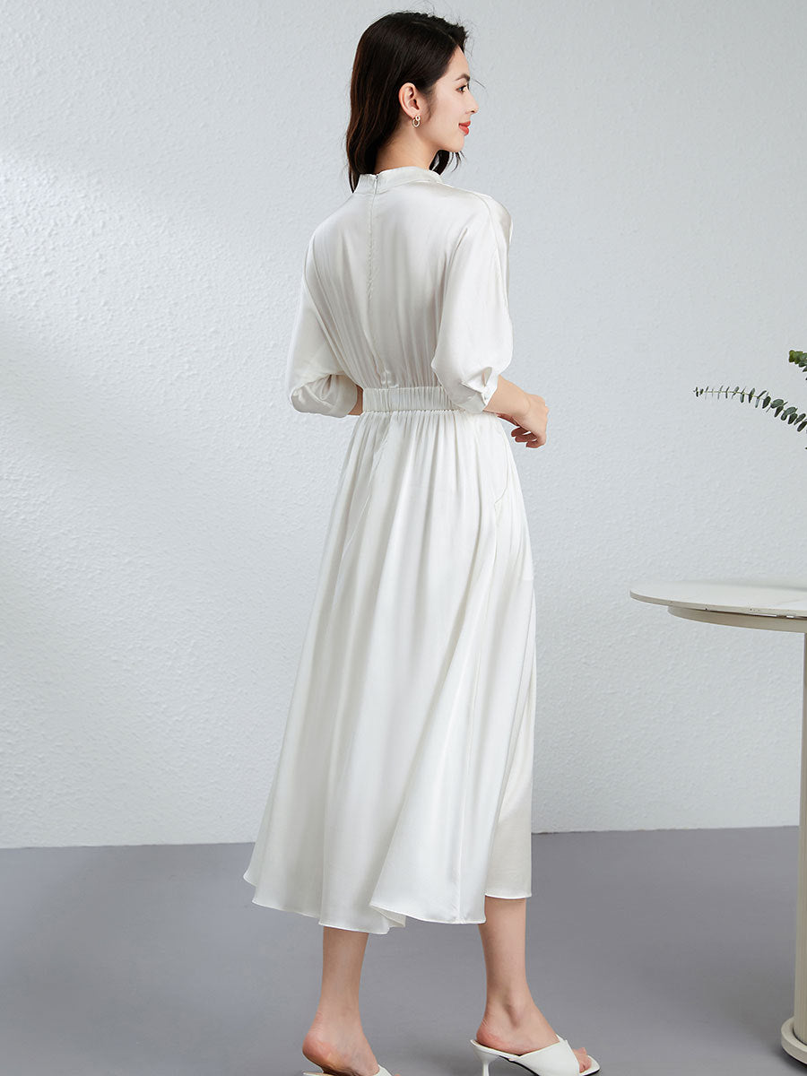 Elegant French V-neck Silk Dress Women Summer White Satin Long Skirt Great Sensation Ankle-length Loose Waist Design