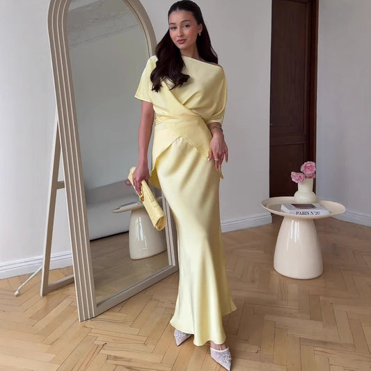 Pleated Solid Women Dresses Hip Package High Waist Lady Maxi Dress 2025 Fashion Summer O Neck Half Sleeve Female Vestidos