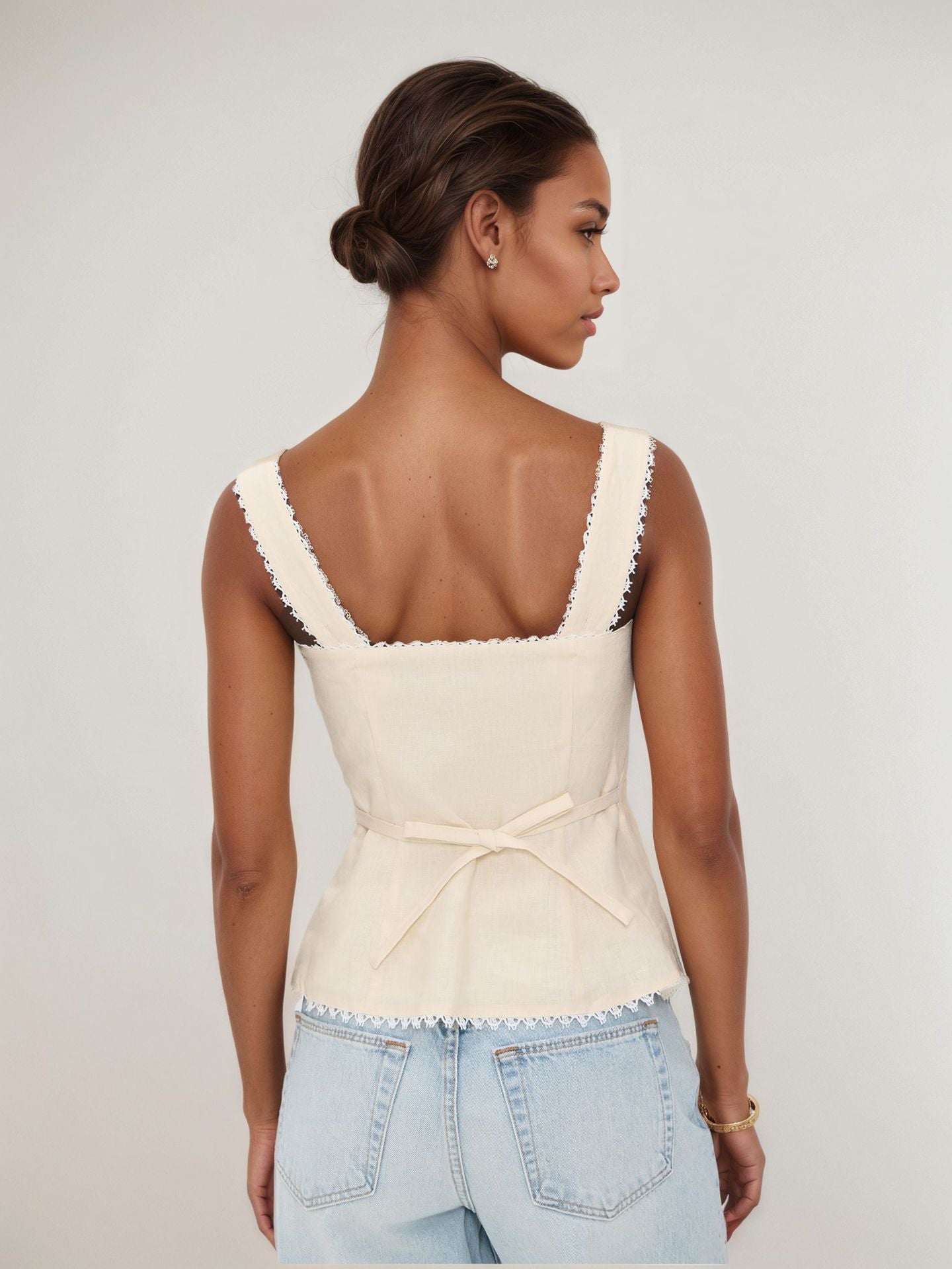 Women's French Vintage Cotton Hemp Lace Splice Fashion Buckle Strap Solid Sleeveless Vest Top