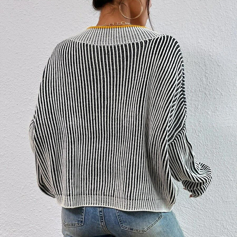 Women Sweaters Striped Knit Long Sleeved V Neck Pullovers Solid Patchwork Loose Jumpers Casual Elegant Lady Streetwear