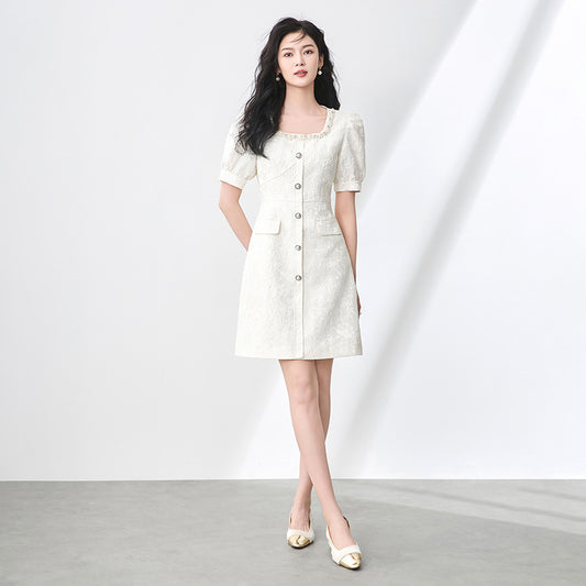 Summer Style Embossed Floral Dress Pearl Collar Bubble Sleeve Women's Dress Short Sleeve Knee-Length Regular Waistline