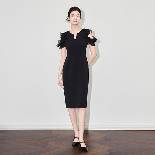Elegant Graceful Socialite Style Wooden Ear off--Shoulder Skirt Female Summer New Dress