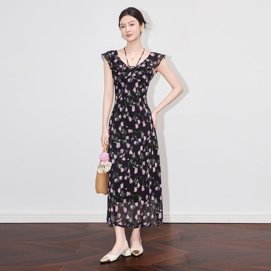 New French Floral Print Ruffle Collar Waist-Defining Elegant Women's Summer Dress Designer Style