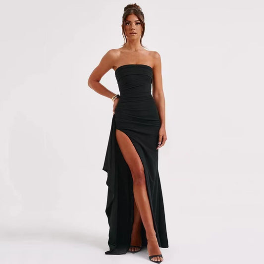 Cross-Border Evening Dress Women's Strapless Sexy Open-Back High Side Slit Long Dress Party Dress