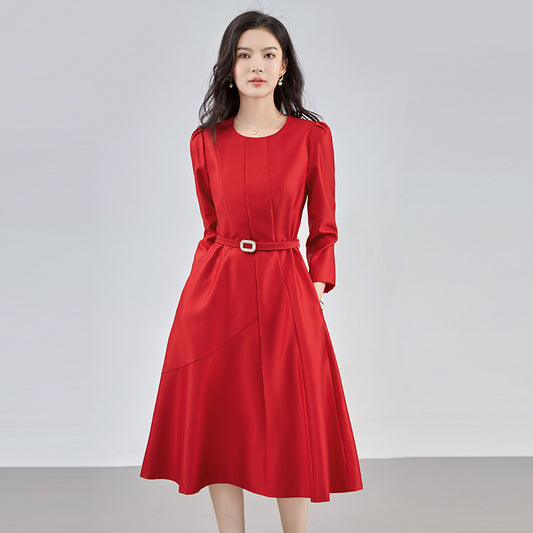 Elegant Womens Red Midi Dress Short Sleeve A Line Cocktail Party With Belt Fashion Casual Summer