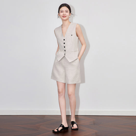 Women Elegant Solid Waistcoat Shorts Set Sleeveless Vest Top+High Waist Slim Shorts Lady Office Casual 2 Pieces Set