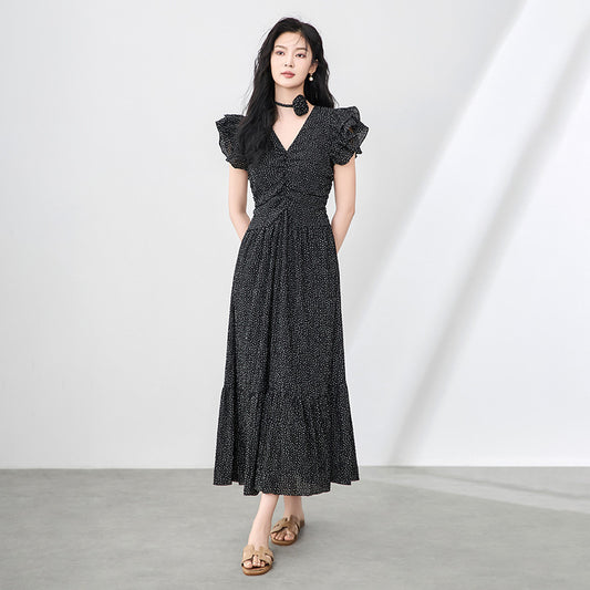 New French Inspired V Neck Polka Dot Romantic Flutter Sleeves Cinched Waist Retro Long Dress for Women Summer