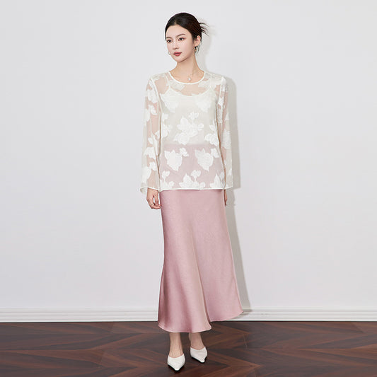 High-End Fashionable Chinese Style round Neck Shirt New Long Sleeve Top Feelelite Qiaoke Cut Flower Design
