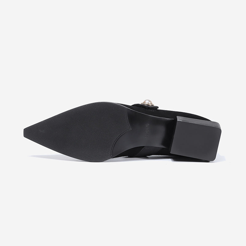 Cowhide Mary Jane Shoes Pointed Toe Flat Heel Golden Camellia Two-Tone Cushioned Insole Black Champagne Korean Style