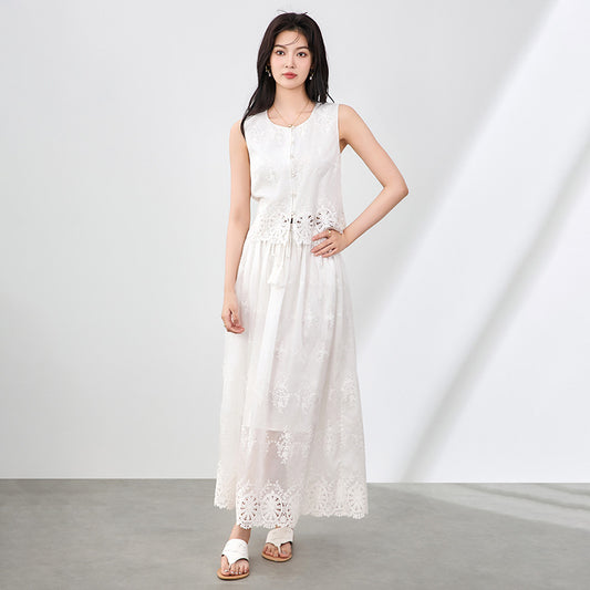 Woman Embroidery V-neck Hollow Lace Up Sleeveless Top Summer 2025 Slim Elastic Waist Skirt Set