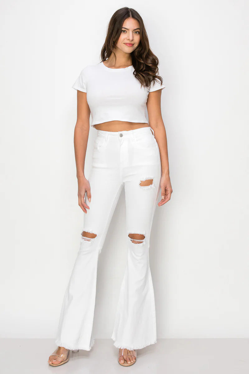 Women's Denim Trousers, Casual Fashion Trousers, High Waist Elastic Hole Slim Flared Trousers, Can Be Worn in All Seasons.