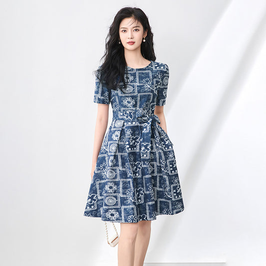 Elegant Luxury Summer Women's Dress Round Neck Heavy Embroidery Floral Lace-up 2025 New Fashion Boho Chic