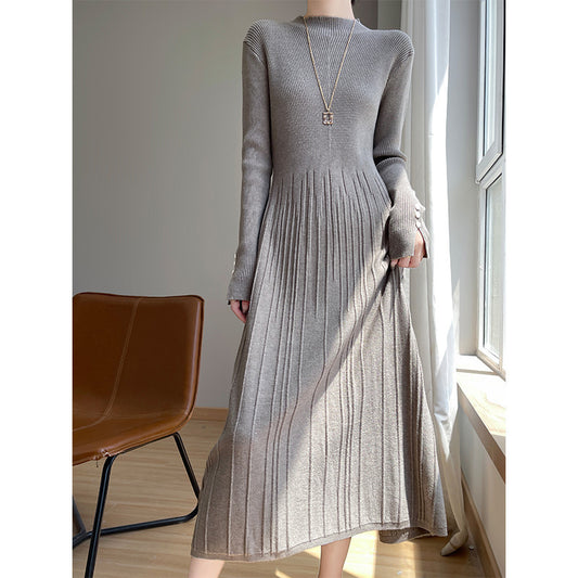 Autumn Winter Wool Knitted Base Layer Dress Women Solid Color Versatile Long Slim Fit Pleated Conceal Meat with Coat Sweater Dre