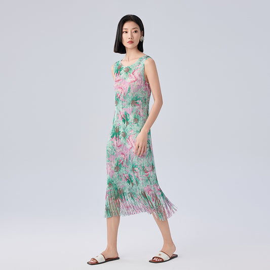 New Round Collar Sleeveless Tassel Hem Slim Dresses