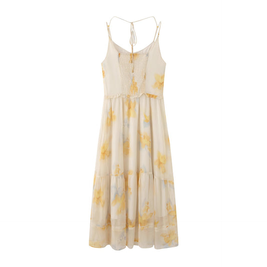 Yellow Print V Neck Sling Maxi Dress Women Sleeveless Backless High Waist Pleated Long Dresses
