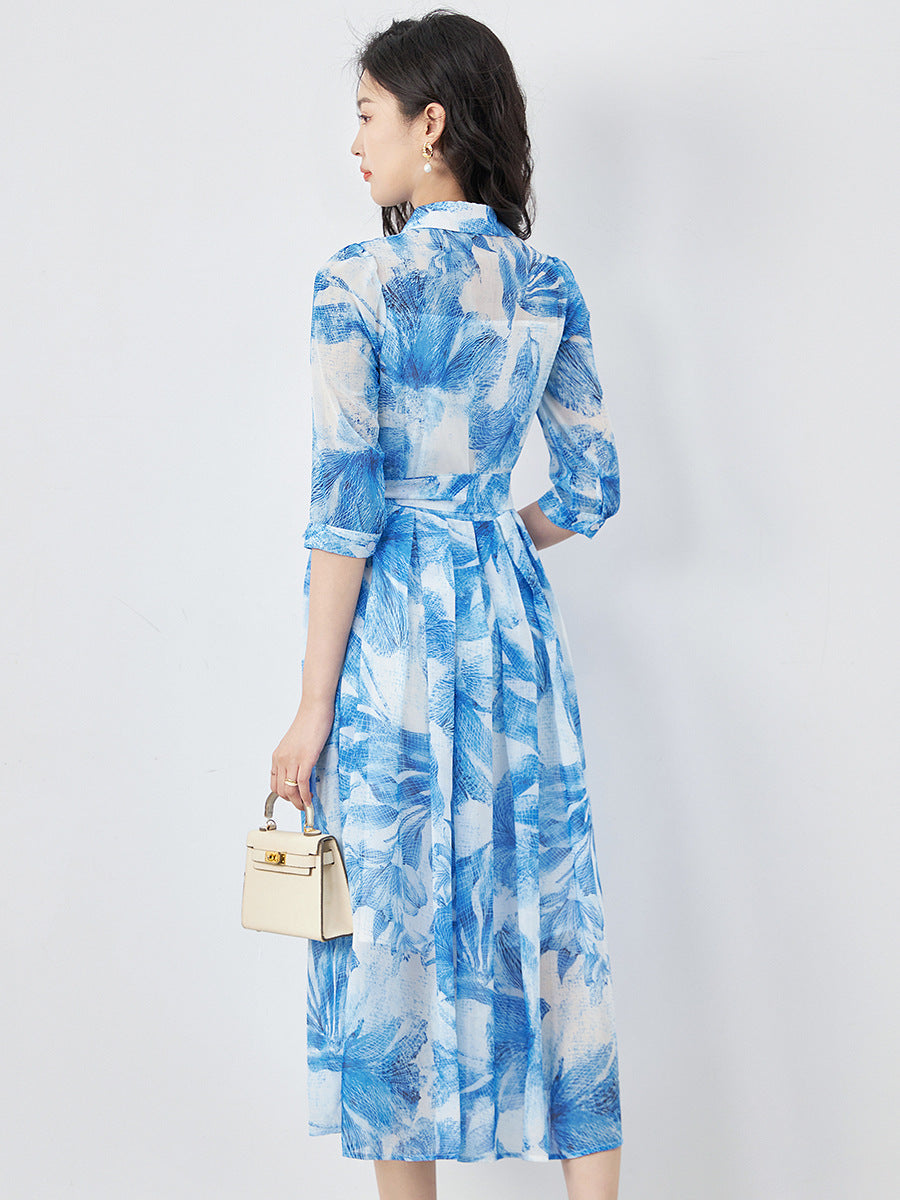 Women Turn-Down Collar Button With Sashes Print Dress A-Link Dress