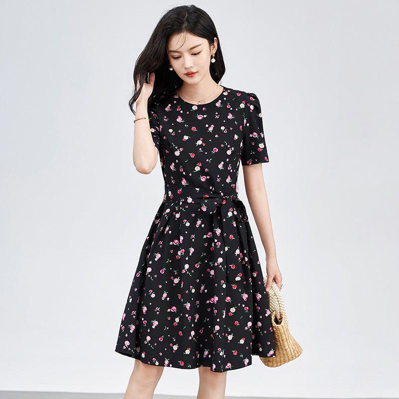 100%Real Silk Short Sleeve Dresses, Women O Neck Peach Printed, Elegant Chic Commute Dresses