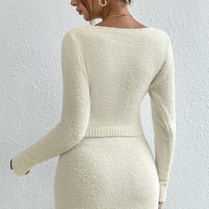 Women Solid Pluffy Knitted 2 Piece Set Wrapped V-neck Long Sleeve Crop Tops + Sashes Bodycon Mini Skirts Casual Streetwear Suits