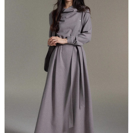 Elegant Vintage High Collar Side Button Design Waist Cinching Slimming Midi Cotton Dress Women Long Sleeve Autumn Clothes