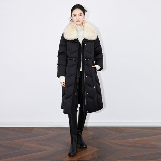 Women's Winter Hooded Down Jacket Fox Fur Collar Long Tassel Drawstring Duck Down Warm Padding Puffer Jacket