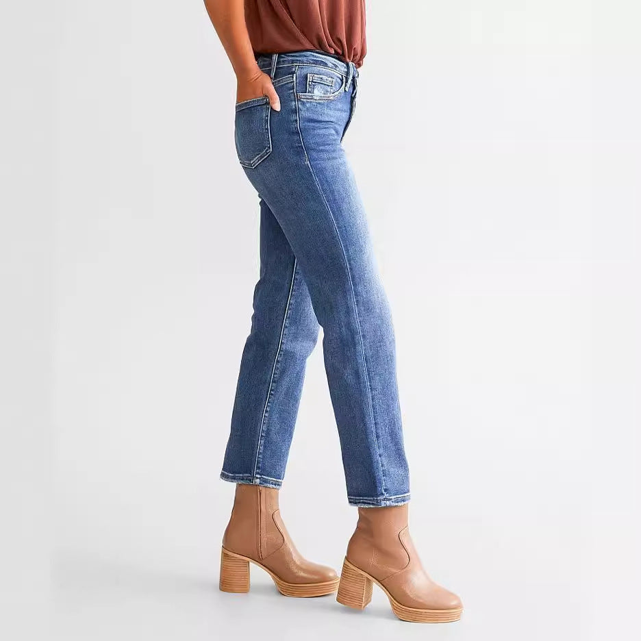 Denim Button Elastic Pocket Waist Jeans Woman High Street Vintage Trousers High Loose Women'S Jeans Cargo Pants