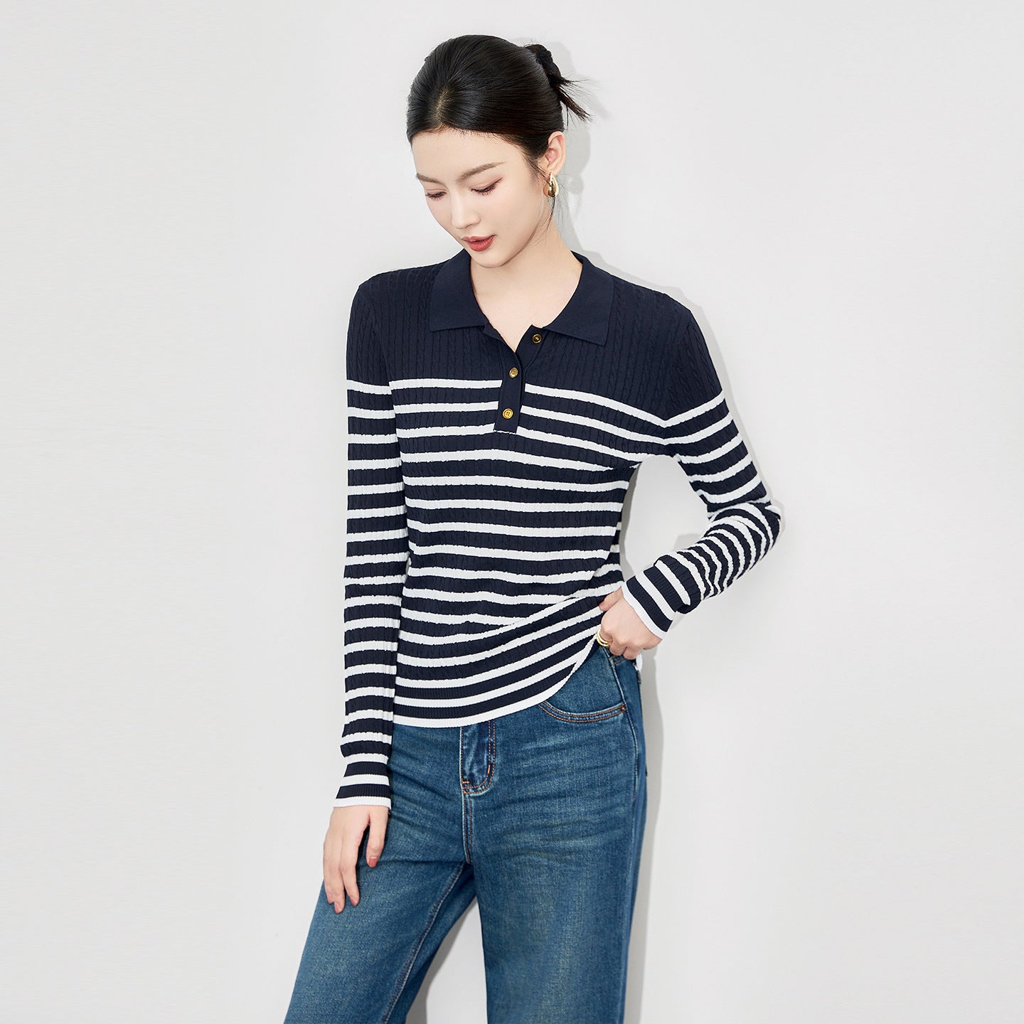 Women's Knitted Wool Sweater Loose Half Open Collar Base Shirt Fashionable Top Black White Stripes Cashme
