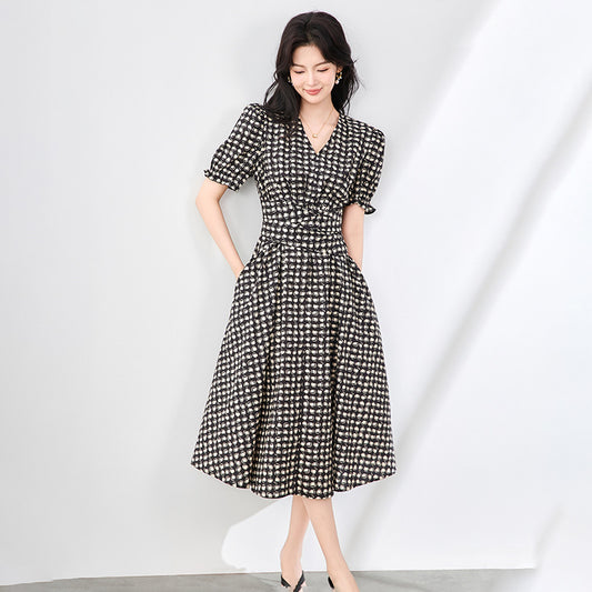 Geometric Patterns Print Women Midi Dress Satin V-Neck Drawstring Short Sleeve Female Irregular Robe Summer 2025