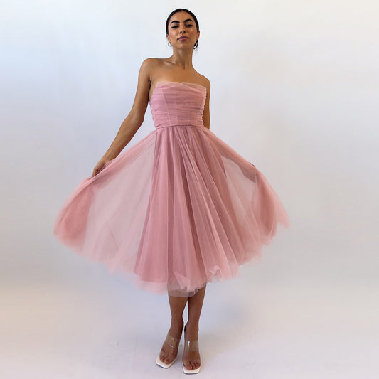 Sleeveless Fishbone Strapless Dress Women's Empire Waist A- Line Skirt Birthday Party Gown Cross-Border New Arrival