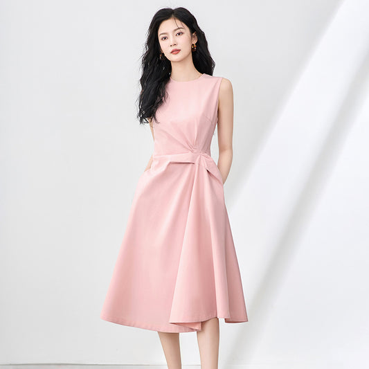 Women's High Waist Vest Dr Svel Waist-Cinching Midi Dr OL Sle Polyester Fiber A-Line Skirt Pure Color