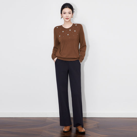 Summer New Women's Long Sleeve Flower Decoration Slim Fit Retro Top