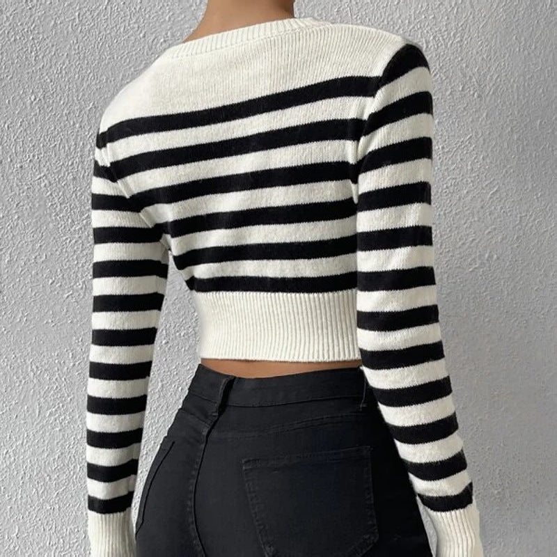 Female Casual Clothing Women's Stripe Crop Knit Top Temperament Commuting Spring New Woman Fashion Long Sleeve Knitted Pullovers