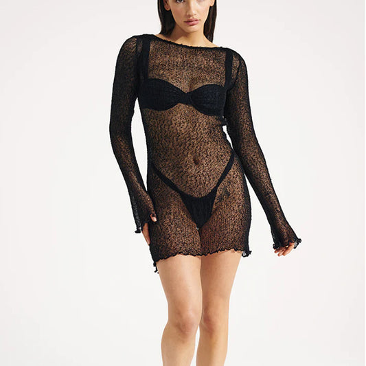Summer Knitted Perspective Women Short Dress Black O-neck Long Sleeve Backless Sexy Dresses Female Trendy Ladies Clothes