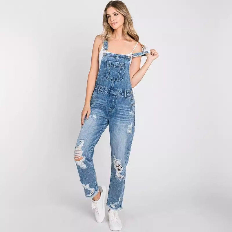 Denim Jumpsuit Vintage Blue High Waist Skinny Overalls For Women Loose Strap Straight Jumpsuit With Pockets