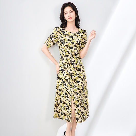 Long Dress French Elegance Tea Break Holiday Floral Tencel Maxi Dress Beautiful Properly Short Sleeve One Shoulder