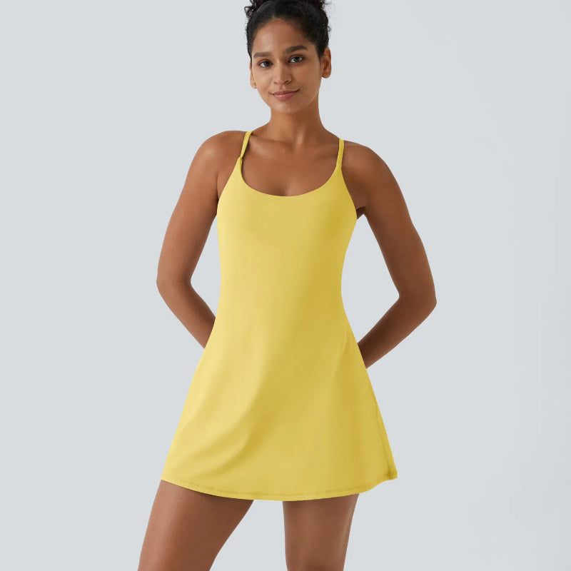 Women's New Women's Casual Cross Suspender Dress Anti-exposure with Pocket Fitness Two-piece Set