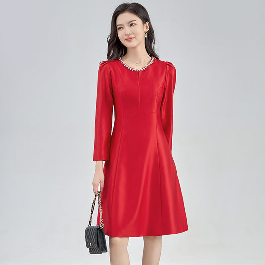 Elegant Neckline Hollow Out Rhinestone Socialite Style Dress French Style A- Line Skirt For Women Luxury Lightweight