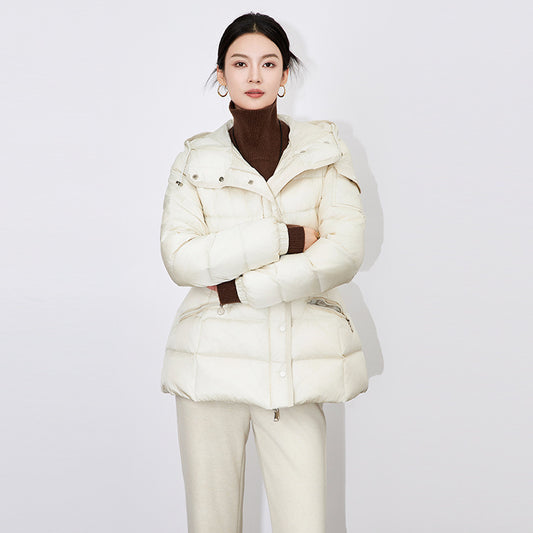 Warm Down Jaet Ski Suit with Belt Stand Collar Women's Faion Commute Korean Sle Memory Fabric Long Sve Thiened