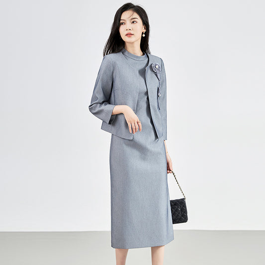 Elegant Dresses for Women Designer Full Sleeve Short Jacket Top+Short Sleeve Dress 2 Piece Suit Yellow Vestidos