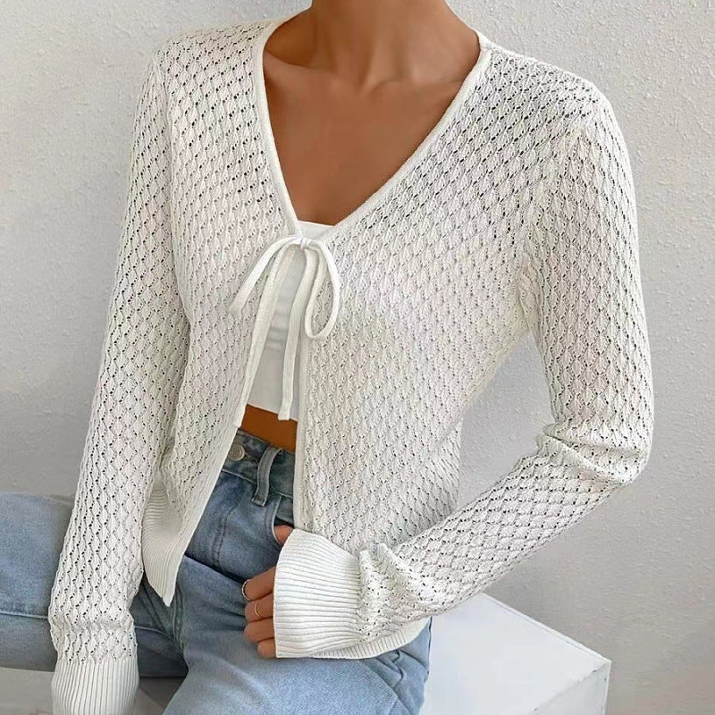 Hollow out beaded zip-up v neck padded top