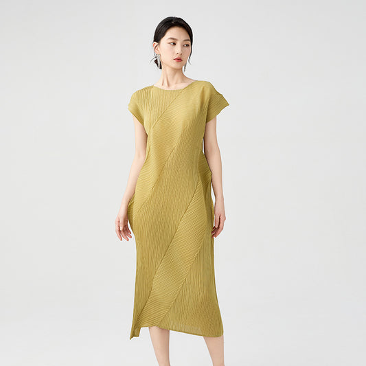 Hot Selling Pleated Dress Irregular Casual Solid Color Slim Round Neck Short Sleeve Folded Mid-length Dress