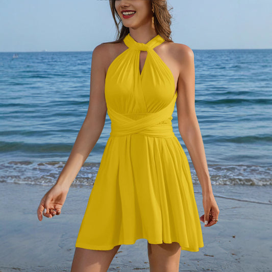 Summer New Women's Mini Dress Solid Color Tied Sexy Open-Back Design Multi-Wear French Maid Dress One-Piece Body Wear