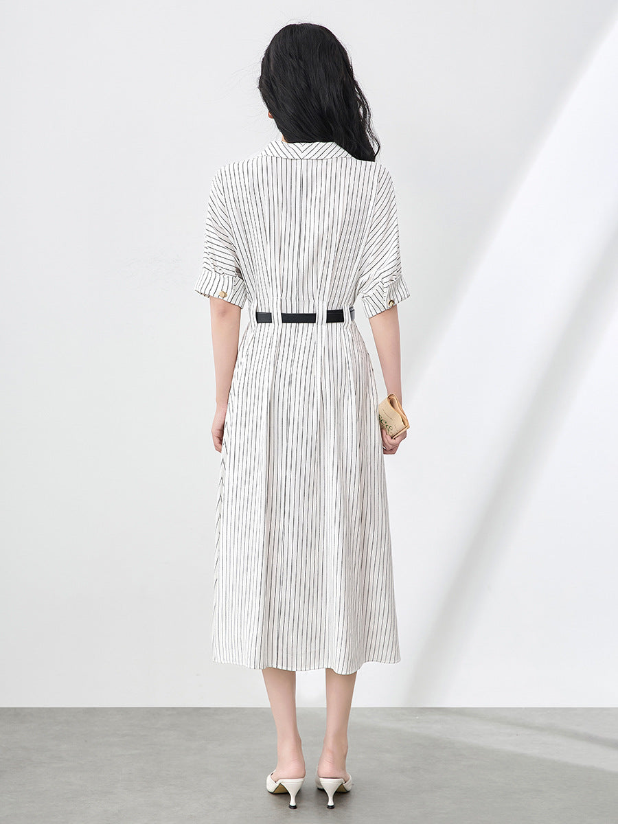Chic Sweet Button up Collar Striped ort Sve Elastic Waist Bubble Sve irt Dr Commute Sle Single Piece Chinese O...