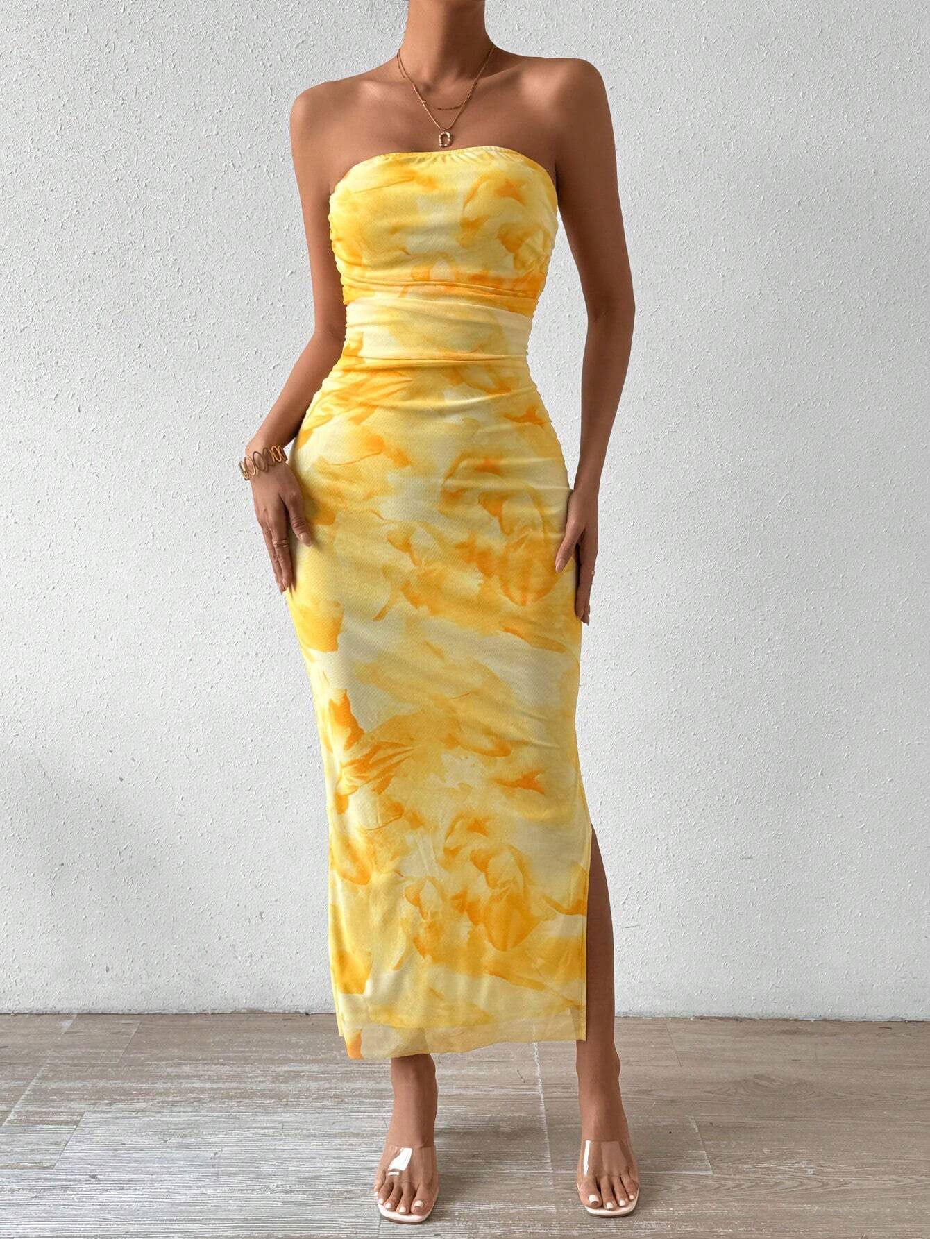 Women Sexy Strapless Sleeveless Wrap Hip Dress Elegant Pattern Print Pleated Long Dress