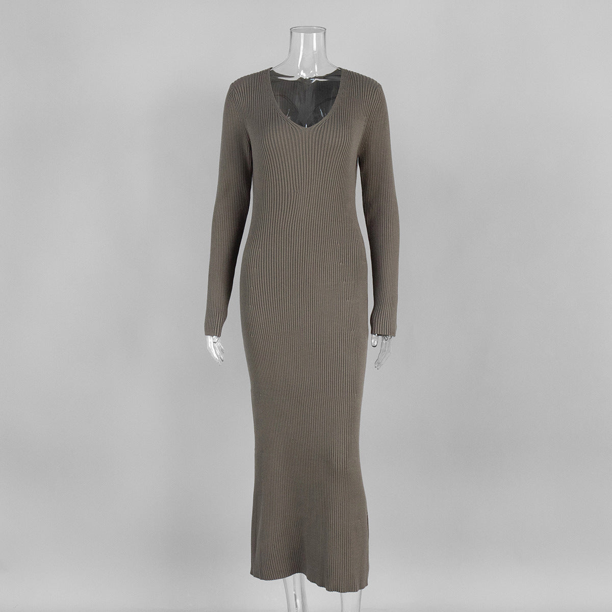 Autumn Winter Warm Women's Knitted Dress Elegant V Neck Thick A-line Dress Brown Long Sleeve Vintage Midi Casual Dresses for Wom